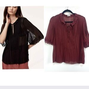 Aritzia Wilfred Matthieu Lace Trim Collar Pleated Blouse in Maroon Sz Small